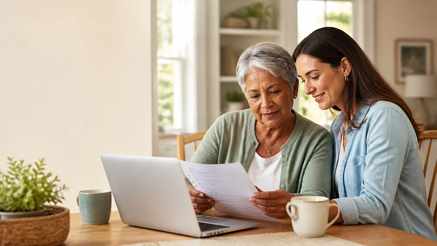 An older woman and adult family member review care options together.