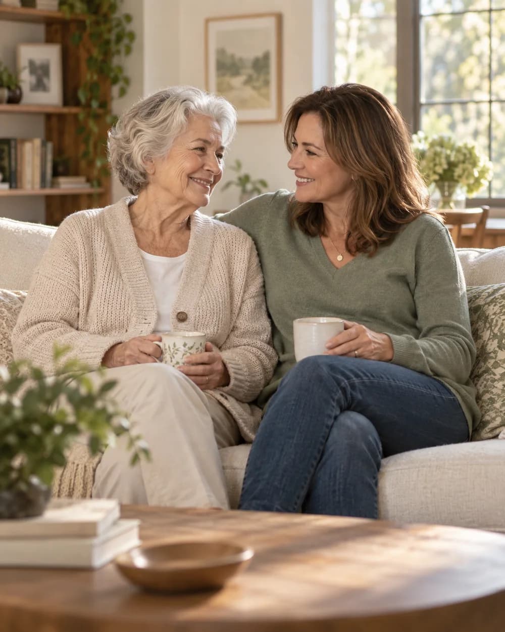 Illustrative family scene: an older woman and her adult daughter smiling together in a sunlit lounge.