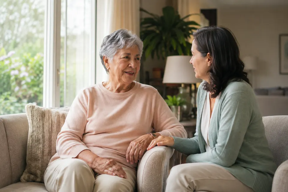 Illustrative scene of an older woman and a younger woman talking together in a sunlit lounge.